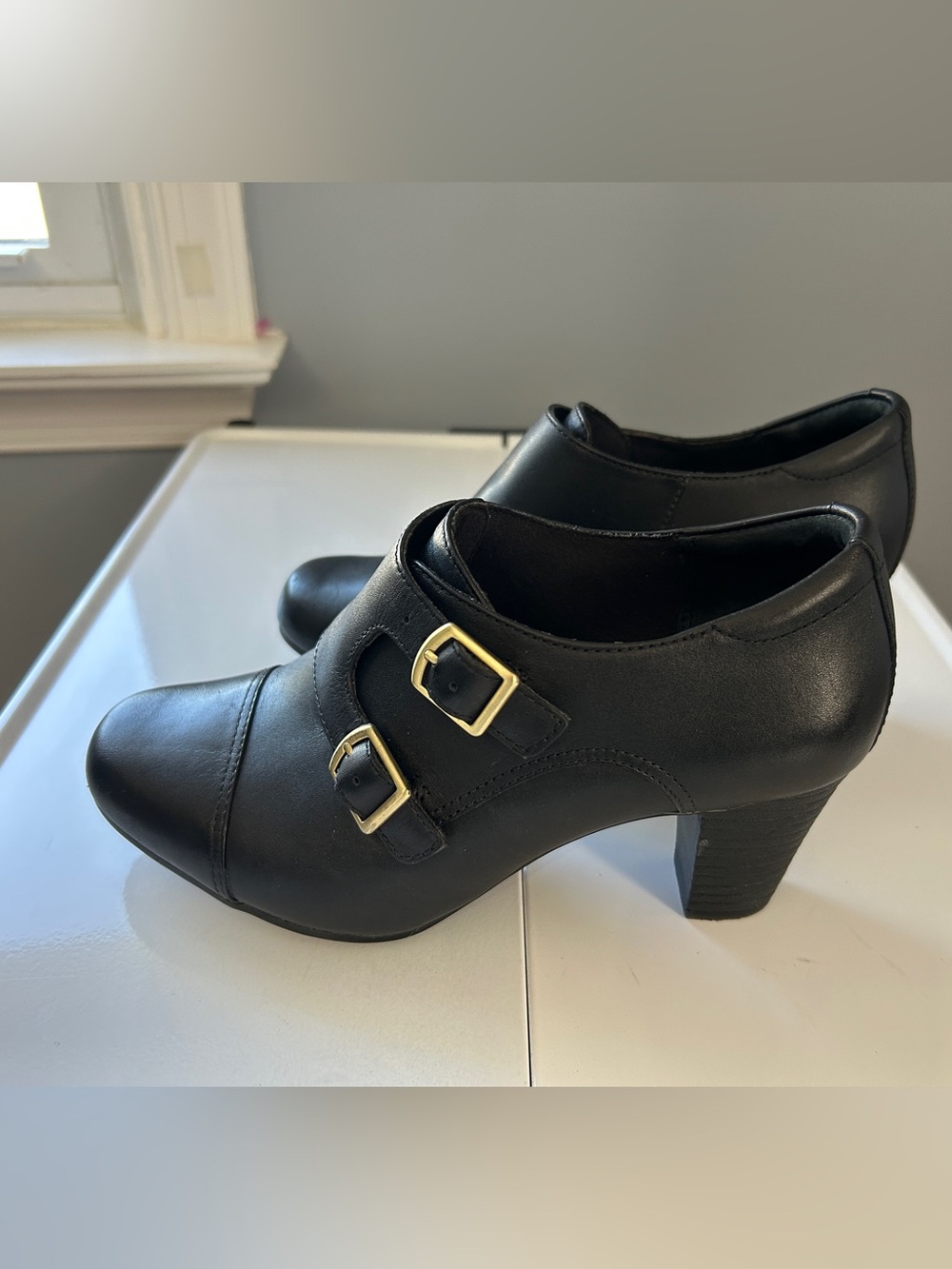 Clarks Double Monk Strap Heels Black Leather 6.5W Chunky Block Heel Bootie